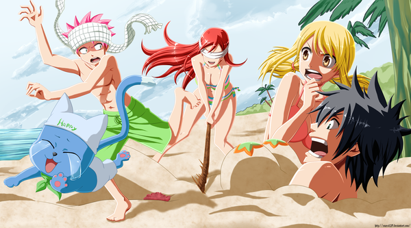 Anime picture 1800x1000 with fairy tail lucy heartfilia erza scarlet natsu dragneel gray fullbuster happy (fairy tail) enara123 long hair highres short hair open mouth light erotic black hair blonde hair smile wide image twintails multiple girls brown eyes pink hair
