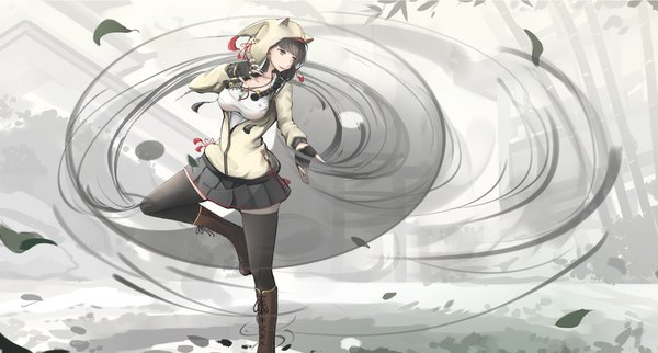 Anime-Bild 2000x1074 mit original kikivi single long hair highres black hair wide image standing looking away braid (braids) wind black eyes standing on one leg girl thighhighs skirt gloves black thighhighs miniskirt boots