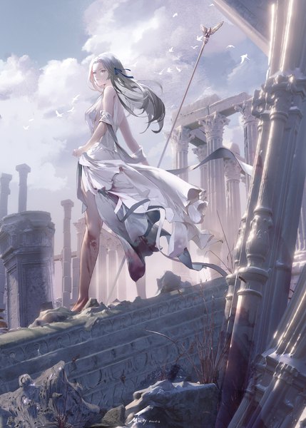 Anime picture 1200x1680 with fire emblem fire emblem: three houses nintendo edelgard von hresvelg minty0 single long hair tall image standing purple eyes signed looking away sky silver hair cloud (clouds) full body outdoors from behind from below dated