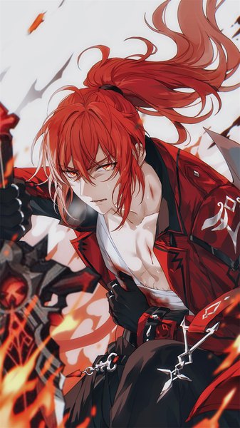 Anime picture 956x1701 with genshin impact diluc ragnvindr diluc (red dead of night) (genshin impact) devil heavens single long hair tall image fringe hair between eyes red eyes looking away ponytail red hair open clothes official alternate costume exhalation injury boy gloves weapon