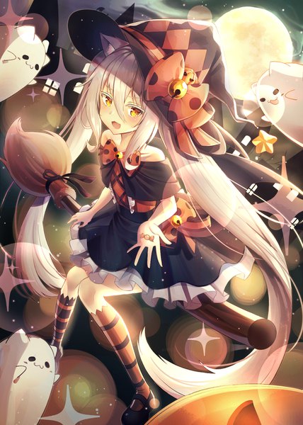 Anime picture 1100x1540 with original kyubi single long hair tall image looking at viewer blush fringe open mouth hair between eyes twintails bare shoulders animal ears yellow eyes payot silver hair off shoulder night lens flare ghost