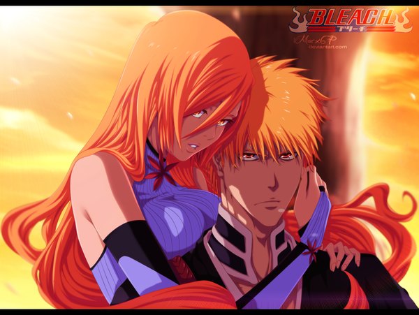 Anime picture 1500x1129 with bleach studio pierrot kurosaki ichigo inoue orihime eroishi long hair short hair sky cloud (clouds) traditional clothes japanese clothes sunlight orange hair inscription orange eyes couple hug coloring evening sunset