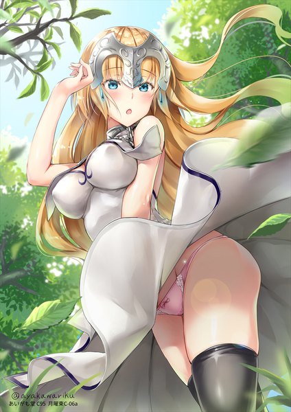 Anime picture 707x1000 with fate (series) fate/grand order jeanne d'arc (fate) (all) jeanne d'arc (fate) ayakawa riku single long hair tall image looking at viewer blush fringe breasts open mouth blue eyes light erotic blonde hair large breasts standing bare shoulders signed