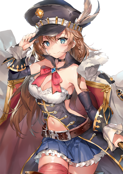 Anime picture 800x1132 with granblue fantasy lecia (granblue fantasy) momoko (momopoco) single long hair tall image looking at viewer blush fringe breasts blue eyes simple background smile hair between eyes brown hair standing white background cleavage braid (braids) pleated skirt