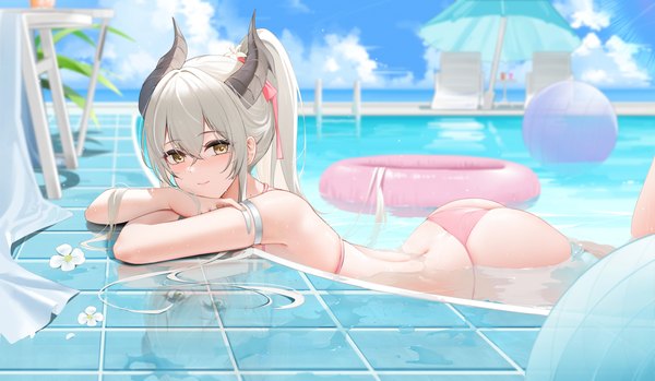 Anime picture 4903x2851 with original qing wu single long hair looking at viewer fringe highres light erotic hair between eyes wide image payot absurdres sky cloud (clouds) outdoors ass ponytail horn (horns) blurry partially submerged