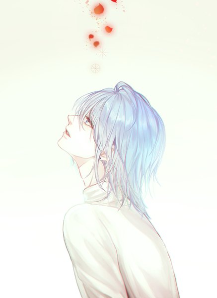 Anime picture 600x823 with original ruck single tall image fringe blue eyes simple background hair between eyes blue hair upper body parted lips profile grey background gradient background looking up boy earrings petals turtleneck stud earrings