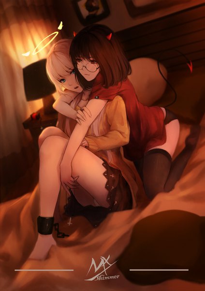 Anime picture 1215x1718 with original shimmer long hair tall image short hair open mouth blue eyes light erotic smile red eyes brown hair sitting multiple girls signed white hair indoors tail head tilt horn (horns) blurry