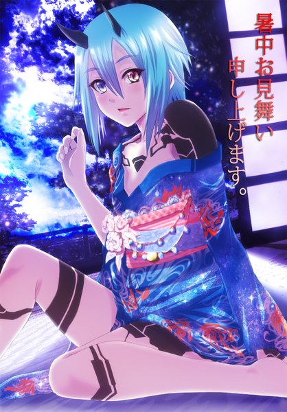 Anime picture 1300x1867 with phantasy star phantasy star online 2 sega io (pso2) harukaze bou single tall image looking at viewer short hair open mouth blue eyes sitting bare shoulders blue hair bent knee (knees) traditional clothes japanese clothes pink eyes barefoot horn (horns)