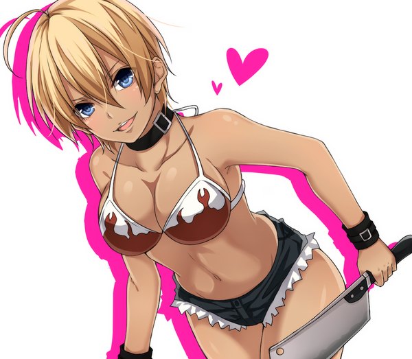 Anime picture 1005x877 with shokugeki no soma j.c. staff mito ikumi yamasuta single looking at viewer short hair breasts open mouth blue eyes light erotic simple background blonde hair smile large breasts bare shoulders cleavage dark skin girl navel