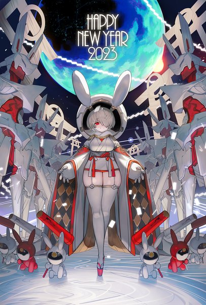 Anime picture 1014x1500 with original lack single tall image looking at viewer fringe short hair light erotic smile red eyes full body traditional clothes japanese clothes grey hair hair over one eye zettai ryouiki new year space happy new year wide hips