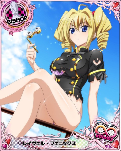 Anime picture 640x800 with highschool dxd ravel phenex single long hair tall image looking at viewer blue eyes light erotic blonde hair sitting crossed legs torn clothes drill hair card (medium) girl skirt gloves miniskirt black gloves lingerie