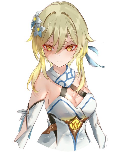 Anime picture 2000x2600 with genshin impact lumine (genshin impact) pottsness single tall image looking at viewer highres short hair breasts light erotic simple background blonde hair large breasts white background yellow eyes payot hair flower shaded face serious girl