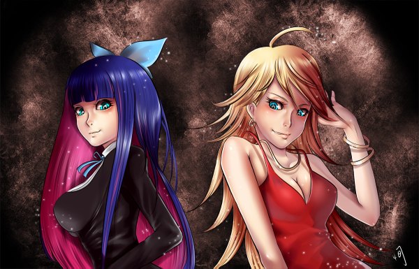 Anime picture 1200x771 with panty & stocking with garterbelt anarchy stocking anarchy panty easonx long hair fringe blonde hair bare shoulders multiple girls pink hair cleavage purple hair ahoge blunt bangs multicolored hair aqua eyes two-tone hair colored inner hair back to back girl