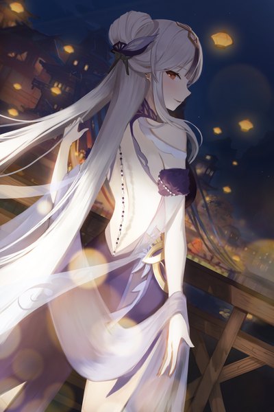 Anime picture 4000x6000 with genshin impact ningguang (genshin impact) ningguang (orchid's evening gown) (genshin impact) seorang single tall image blush highres red eyes absurdres silver hair very long hair profile looking back night hair bun (hair buns) back official alternate costume bare back girl