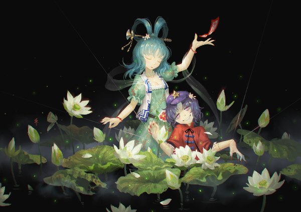 Anime picture 1200x848 with touhou kaku seiga miyako yoshika seeker long hair blush short hair multiple girls blue hair purple hair eyes closed nail polish pink eyes fingernails grin long fingernails girl dress hair ornament flower (flowers)