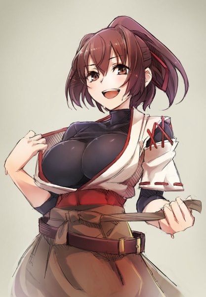 Anime picture 835x1200 with kantai collection ise battleship taishi (picchiridou) single tall image looking at viewer blush short hair open mouth light erotic brown hair brown eyes ponytail traditional clothes japanese clothes undressing girl ribbon (ribbons) hair ribbon belt