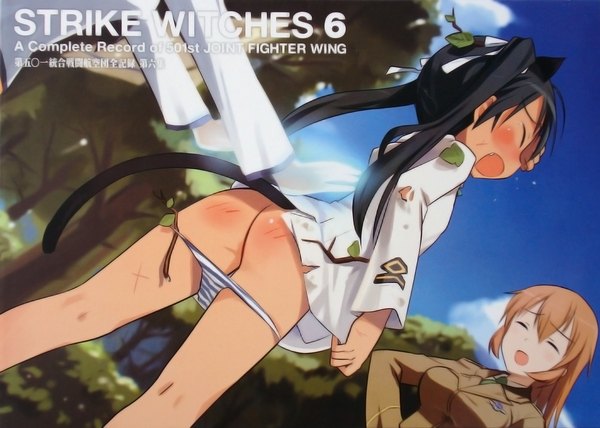 Anime picture 1409x1006 with strike witches francesca lucchini charlotte e yeager shimada fumikane light erotic ass panty pull
