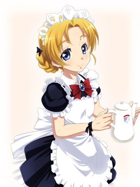 Anime picture 960x1280 with girls und panzer orange pekoe r44 single tall image looking at viewer blush short hair blue eyes blonde hair smile maid girl headdress maid headdress teapot