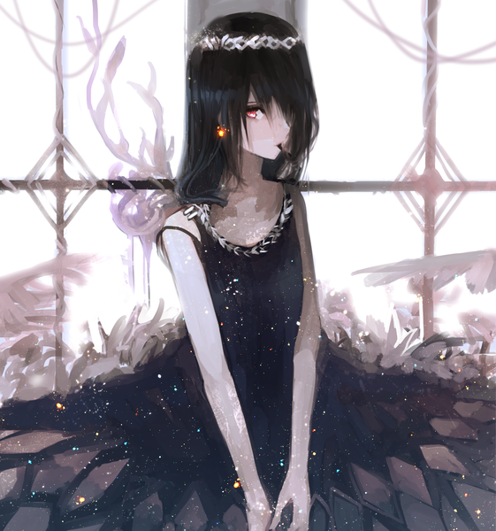 Anime picture 2605x2784 with original tarbo (exxxpiation) single long hair tall image looking at viewer fringe highres black hair red eyes holding hair over one eye mouth hold strap slip pale skin hands clasped girl dress black dress fire