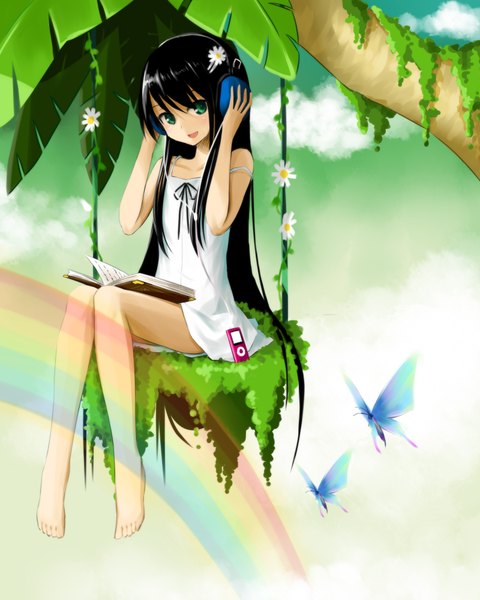 Anime picture 1600x2000 with saya no uta nitroplus saya (saya no uta) max0201 single long hair tall image looking at viewer blush open mouth black hair smile sitting bare shoulders green eyes barefoot girl dress flower (flowers) plant (plants)