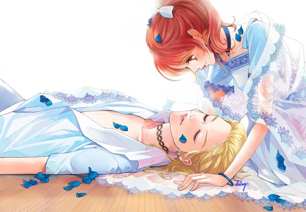 Anime picture 1300x904 with original daisy (artist) short hair blonde hair red eyes sitting signed ponytail red hair lying eyes closed profile open clothes open shirt couple girl boy petals bracelet