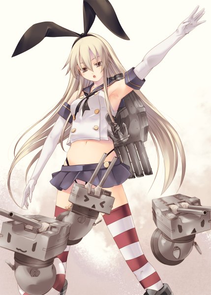 Anime picture 858x1200 with kantai collection shimakaze destroyer rensouhou-chan kirishima satoshi single long hair tall image open mouth light erotic blonde hair brown eyes girl thighhighs gloves navel bow weapon hair bow miniskirt elbow gloves