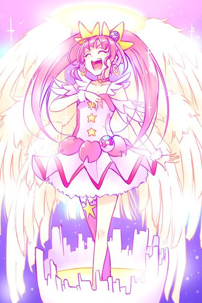 Anime picture 669x1003 with precure star twinkle precure toei animation hoshina hikaru cure star noise (tsuzuki) single long hair tall image blush open mouth standing twintails payot pink hair eyes closed teeth ^ ^ white wings magical girl