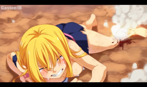 Anime picture 1200x714 with fairy tail lucy heartfilia tongasart single long hair blush blonde hair wide image eyes closed tattoo tears coloring torn clothes letterboxed smoke on stomach crying clenched teeth pain girl