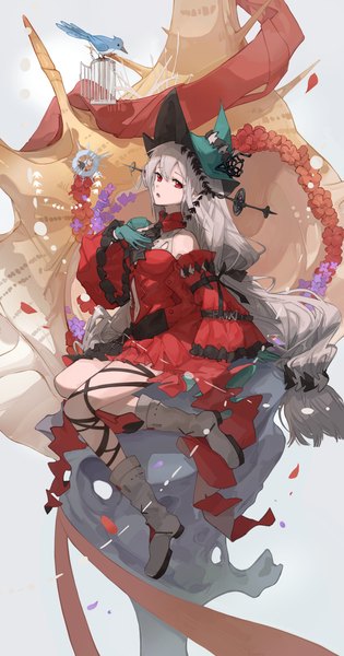 Anime picture 2500x4767 with arknights skadi (arknights) skadi the corrupting heart (arknights) umbra zhuitaiyang single tall image looking at viewer fringe highres hair between eyes red eyes silver hair full body very long hair official alternate costume hand on chest low ponytail girl gloves hat