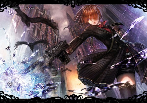 Anime picture 2000x1414 with original sono (pixiv) single fringe highres short hair brown hair standing holding brown eyes lips girl thighhighs weapon black thighhighs animal shorts bird (birds) gun cloak