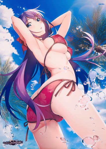Anime picture 2799x3935 with grisaia no kajitsu grisaia phantom trigger fukami rena watanabe akio single long hair tall image looking at viewer blush fringe highres breasts blue eyes light erotic large breasts standing sky purple hair cloud (clouds) ahoge