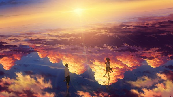 Аниме картинка 1100x619 с оригинальное изображение goke shike (altamira05) короткие волосы чёрные волосы широкое изображение небо облако (облака) пара отражение горизонт пейзаж девушка мужчина сэрафуку