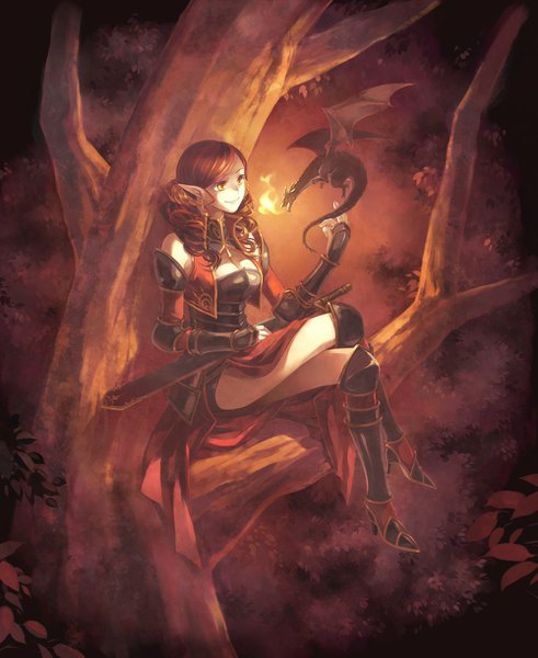 Anime picture 1000x1222 with original pixiv fantasia pixiv fantasia iv minami seira single long hair tall image smile brown hair sitting yellow eyes looking away cleavage full body bent knee (knees) outdoors horn (horns) pointy ears night high heels