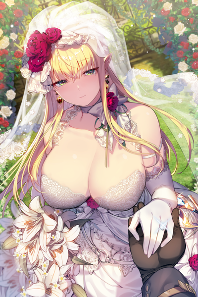 Anime picture 1500x2250 with original mendou kusai long hair tall image fringe breasts light erotic blonde hair hair between eyes standing bare shoulders holding yellow eyes payot looking away cleavage outdoors light smile wind pointy ears
