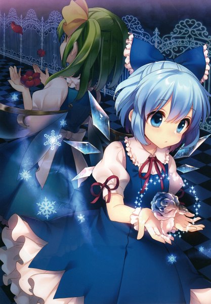 Anime picture 4200x6034 with touhou cirno daiyousei masaru.jp long hair tall image blush fringe highres short hair blue eyes hair between eyes multiple girls blue hair absurdres green hair scan short sleeves dutch angle puffy sleeves