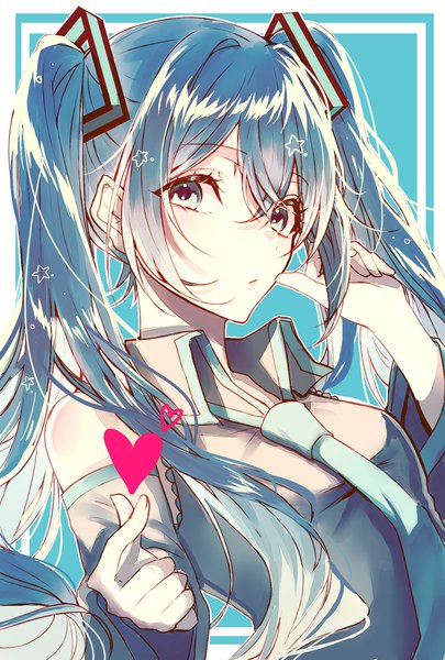 イラスト 1228x1818 と ボーカロイド 初音ミク コマ ソロ 長髪 長身像 カメラ目線 前髪 青い目 simple background hair between eyes ツインテール 肩出し payot 青い髪 upper body border adjusting hair portrait blue background