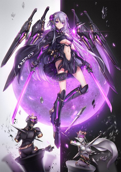 Anime picture 1157x1637 with original t-track (artist) single long hair tall image looking at viewer fringe breasts light erotic simple background hair between eyes large breasts purple eyes holding hair flower grey hair underboob flying dual wielding center opening