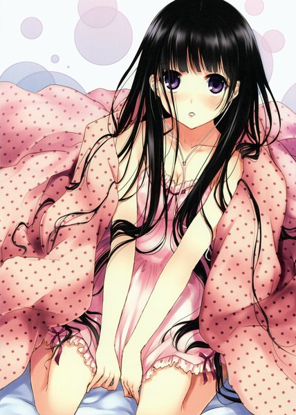 Anime picture 2461x3452 with original kazuharu kina single long hair tall image looking at viewer blush highres black hair purple eyes scan girl headphones