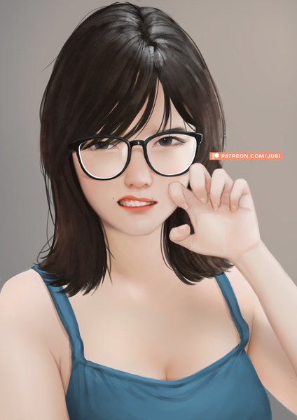 Anime picture 2480x3508 with real life ditta amelia saraswati jubi (regiana) single tall image looking at viewer fringe highres short hair black hair simple background signed black eyes realistic grey background mole lipstick grin portrait claw pose