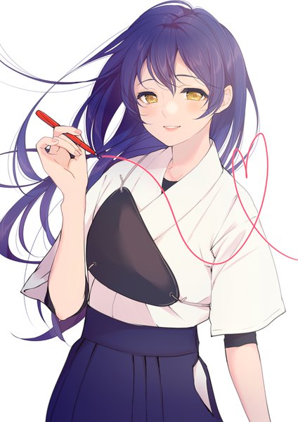 Anime picture 2480x3507 with love live! school idol project sunrise (studio) love live! sonoda umi kate iwana single long hair tall image blush highres simple background white background yellow eyes blue hair upper body traditional clothes japanese clothes wind heart of string girl