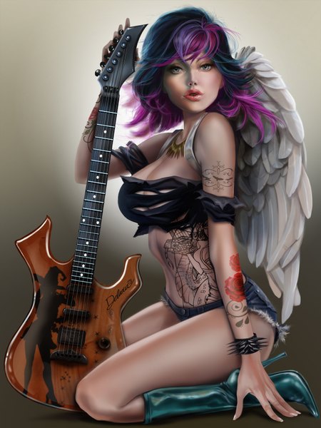 Anime picture 1296x1728 with cris delara single tall image looking at viewer short hair breasts light erotic simple background bare shoulders parted lips multicolored hair lips realistic two-tone hair bare belly grey eyes tattoo high heels angel wings girl