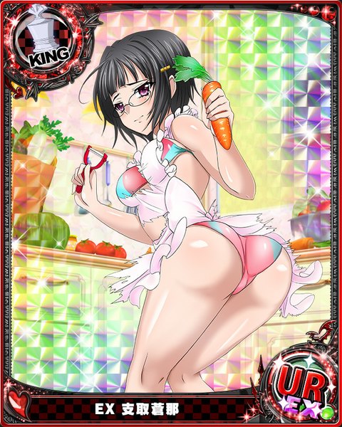 Anime picture 640x800 with highschool dxd sona sitri single tall image blush short hair light erotic black hair purple eyes ass looking back torn clothes card (medium) cooking girl underwear panties glasses lingerie bra