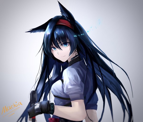 Anime picture 3463x2964 with arknights blaze (arknights) mackia single long hair looking at viewer fringe highres blue eyes simple background hair between eyes signed animal ears blue hair absurdres upper body grey background puffy sleeves turning head girl