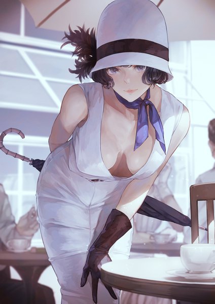 Anime picture 1000x1414 with original kaoming tall image looking at viewer fringe short hair breasts light erotic black hair smile holding cleavage head tilt light smile lips black eyes leaning leaning forward sleeveless solo focus