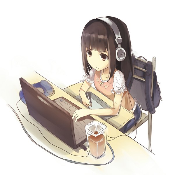 Anime picture 1000x1000 with original bison cangshu single long hair simple background brown hair white background sitting brown eyes serious drawing girl headphones chair table drink wire (wires) backpack glass laptop