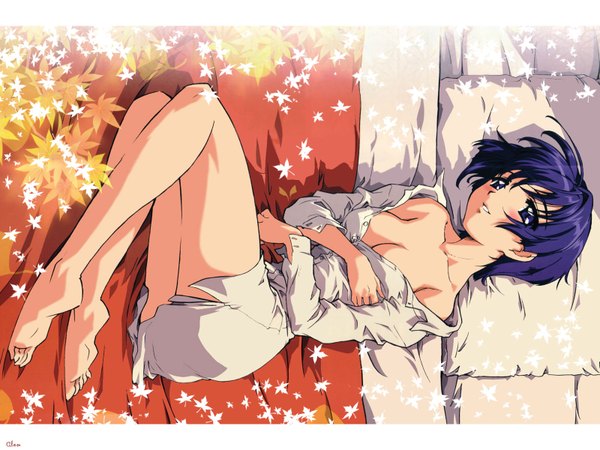 Anime picture 1600x1200 with ai yori aoshi j.c. staff sakuraba aoi single looking at viewer short hair breasts blue eyes light erotic large breasts blue hair full body lying light smile from above bare legs on side third-party edit naked shirt extended