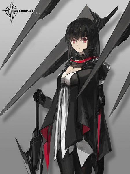 Anime picture 709x945 with original pixiv fantasia pixiv fantasia t paradise (character) swd3e2 single long hair tall image looking at viewer black hair red eyes signed logo girl dress gloves weapon pantyhose black gloves