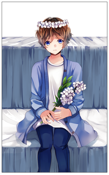 Anime picture 1000x1600 with original pochi (iasoreil) single tall image looking at viewer fringe short hair blue eyes brown hair sitting holding long sleeves open clothes boy flower (flowers) bouquet wreath head wreath