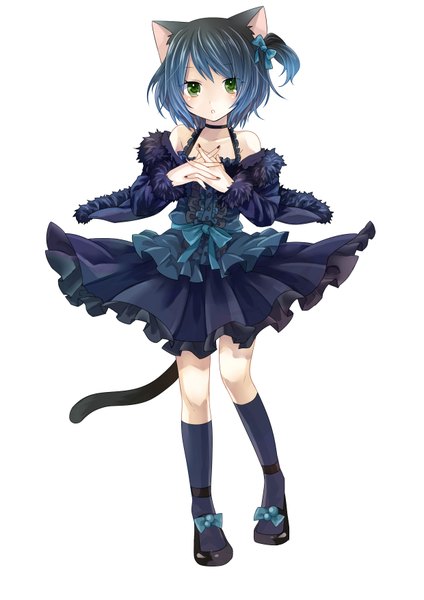 Anime picture 1239x1753 with utau ryone yami toudou charo single tall image looking at viewer short hair simple background white background green eyes animal ears blue hair cat ears cat girl cat tail girl dress detached sleeves socks black socks
