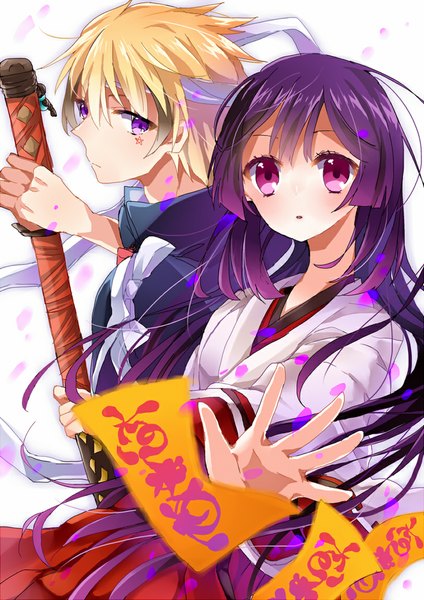 Anime picture 810x1146 with tokyo ravens 8bit pixiv tsuchimikado natsume tsuchimikado harutora bcoca long hair tall image looking at viewer short hair simple background blonde hair white background purple eyes purple hair traditional clothes open clothes open jacket couple miko